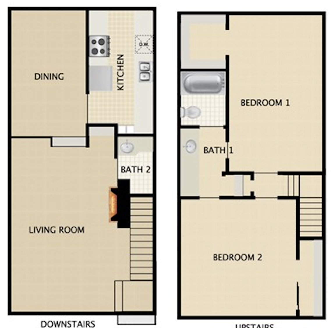Floor plan for 2 beds, 1.5 baths, 1080 sqft